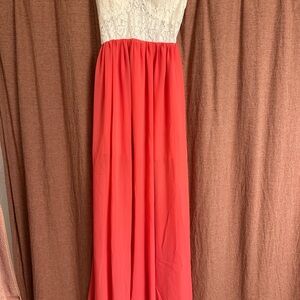 Elegant Coral and White Lace Maxi Dress